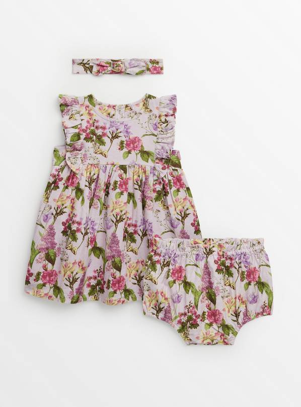 Floral Print Linen Rich Dress, Bloomers & Headband 9-12 months